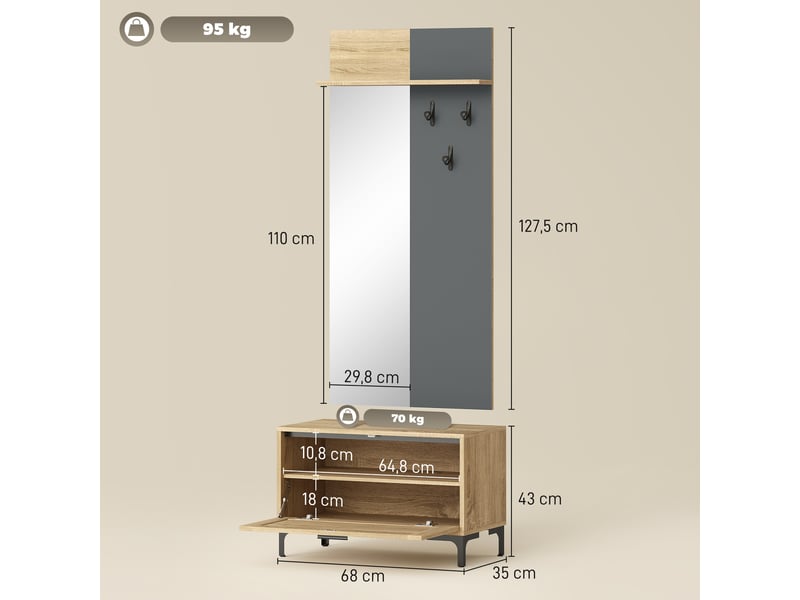  Ensemble d'entrée comprenant un banc à chaussures, un miroir, 3 crochets, une étagère ouverte et des meubles de couloir en bois naturel et gris.  - Conforama E