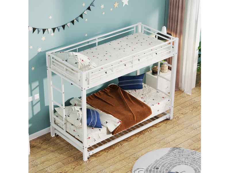  Lit superposé enfant 90x200 cm en métal blanc avec lit gigogne et garde-corps  - Conforama B