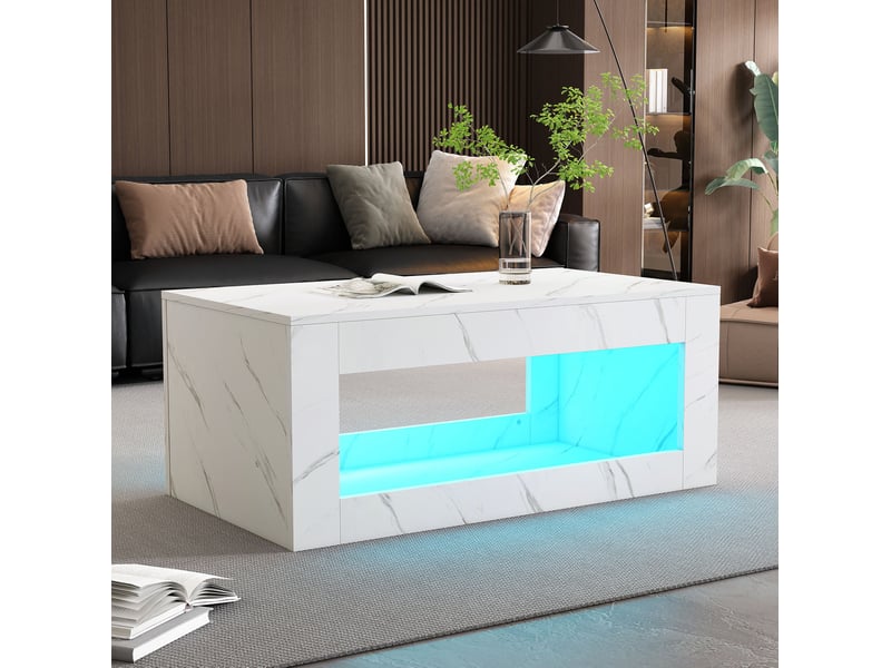  Table basse led 100 x 50 x 50 cm à imprimé marbre, plateau brillant, blanche  - Conforama D