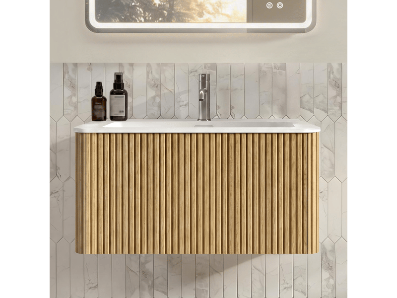 Meuble vasque suspendu à tiroirs push-to-open - lpospi - vasque résine minérale mdf chêne 80 cm - Conforama E