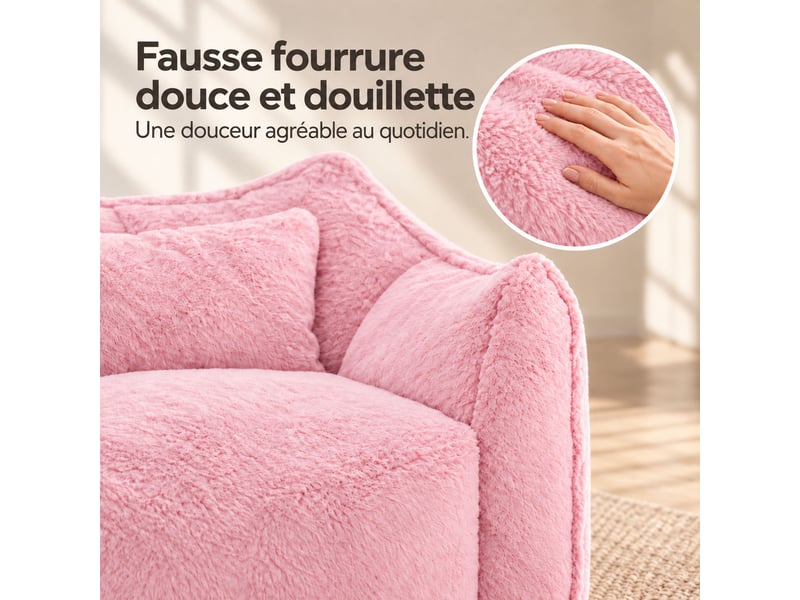  Fauteuil pouf paresseux en fausse fourrure, sans montage, rempli de mousse déchiquetée haute densité, design ergonomique,rose  - Conforama E