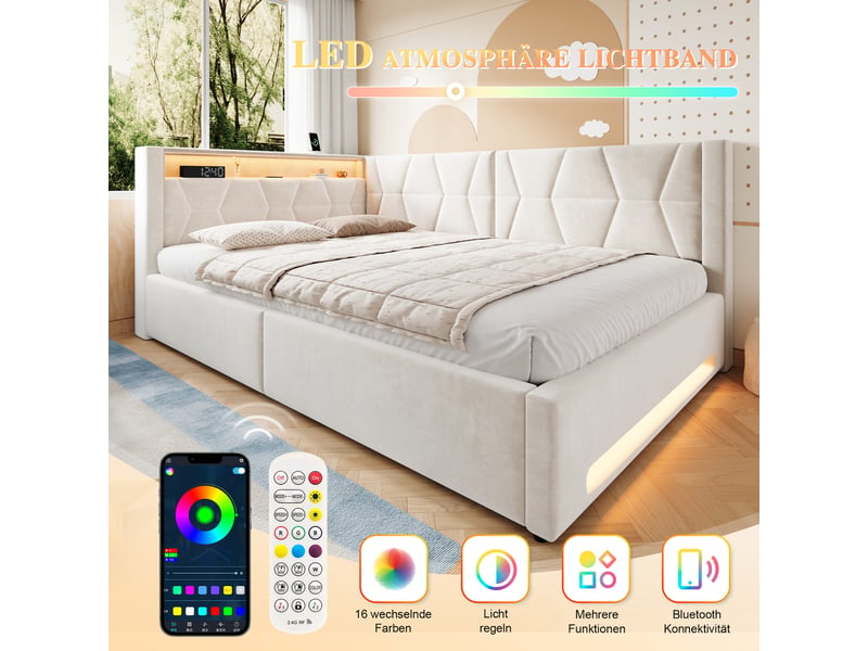  Lit banquette hydraulique 140x200 cm, led, usb-c, lit coffre rembourré, lit simple, éclairage tête et pied, velours, beige Seren Glow - Conforama E