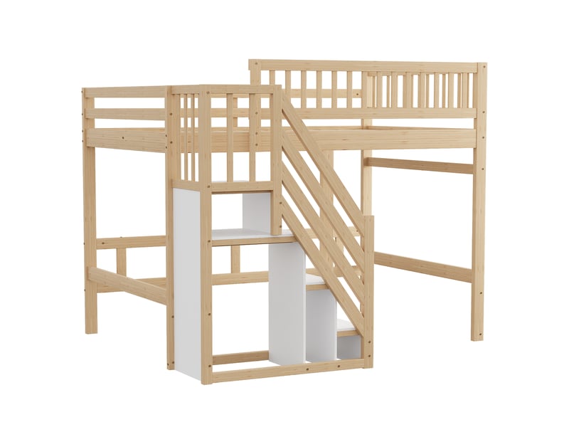 Lit mezzanine 140x200 en bois massif, lit enfant avec escalier de rangement, barrière haute, lit adolescent couleur bois naturel. - Conforama C