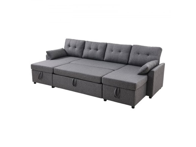 Canapé-lit en u, avec 2 poches latérales, 2 oreillers et méridienne double, canapé convertible en lit 6 places avec grand espace de rangement pour salon, appartement, structure en métal, gris  - Conforama A