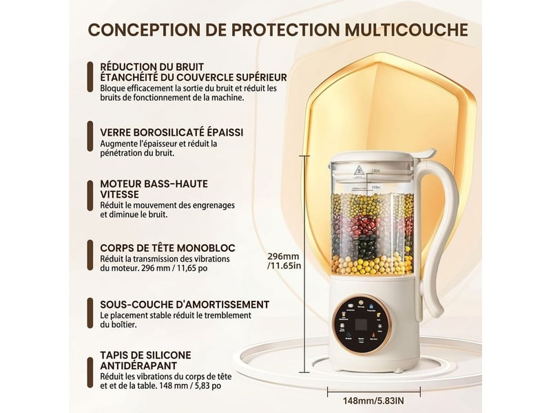  Blender chauffant 1.4l machine à lait végétal et soja sans filtration – robot cuiseur multifonction 800w bol en verre borosilicate, 16 lames inox et départ différé 12h – blanc crème  - Conforama D