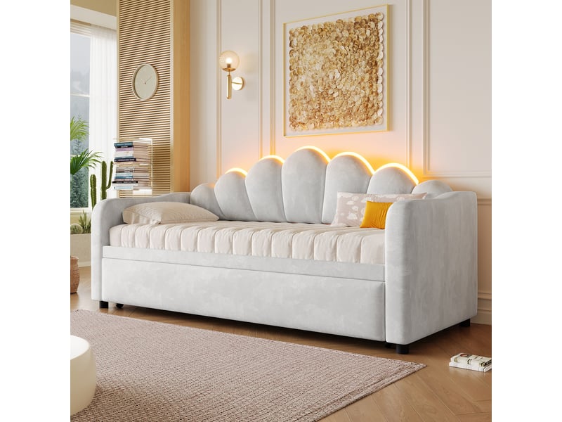  Canapé-lit rembourré 90 x 200 cm avec fonction coulissante et éclairage led, lit convertible, lit 1 personne, gris, lit d'enfant  - Conforama E