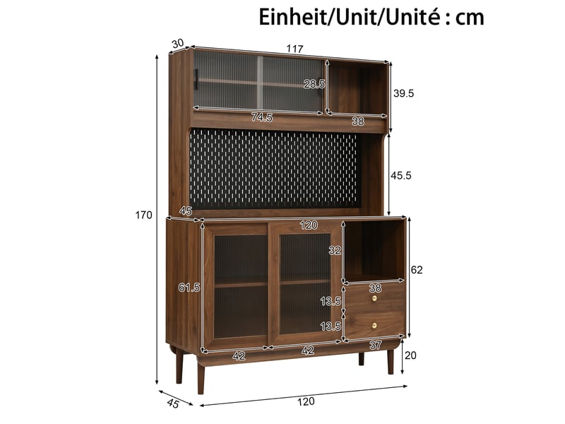  Buffet de cuisine 4 portes coulissantes en verre strié, 2 tiroirs, panneau perforé en noyer 117 × 30 × 170 cm  - Conforama C