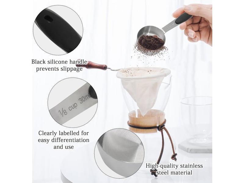  Tasse à mesurer de 30 ml (18 tasse), 2 cuillères doseuses à café en acier inoxydable, tasse à mesurer à café en métal avec poignée en silicone noir  - Conforama B