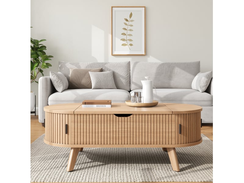  Table basse relevable ovale 110x50x53,5 cm, plateau relevable, grand rangement, 2 portes coulissantes, mdf naturel  - Conforama B