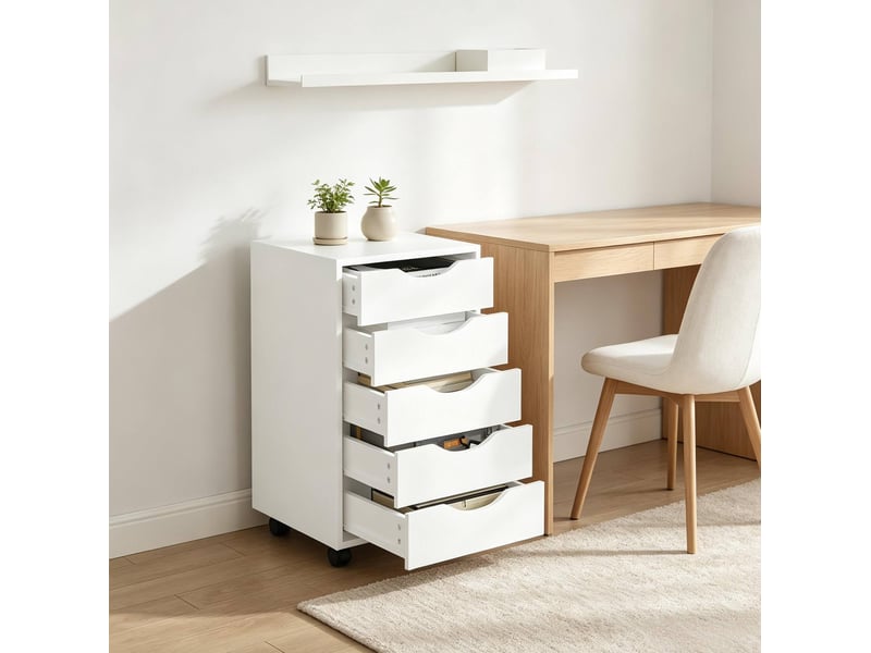  Caisson de bureau mobile 40x40x66,5 cm – blanc – 5 tiroirs, roulettes 360° avec freins intégrés  - Conforama D