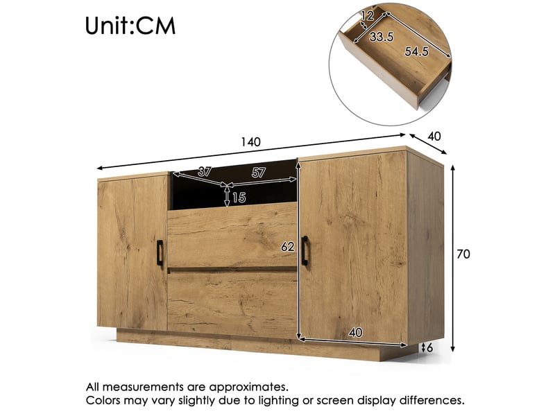 Buffet bas chêne clair avec 2 tiroirs, 2 placards et niche ouverte – 140 x 40 x 70 cm  - Conforama D