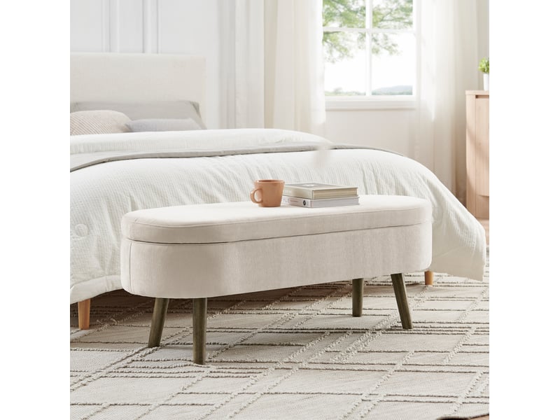  Banc de rangement 110x40x42 cm avec coffre 20 l, pieds en bois, pour chambre et salon, assise tissu chenille, beige  - Conforama E