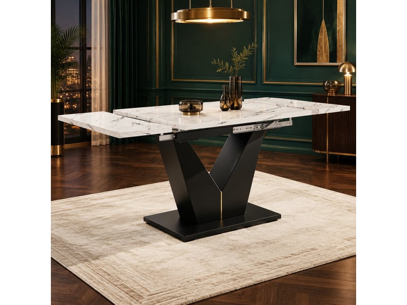  Table à manger extensible avec pieds en v - lpospi - plateau large, mdf effet marbre blanc et noir 99–159 × 75 × 75 cm  - Conforama B