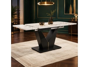 Table à manger extensible avec pieds en v - plateau large, mdf effet marbre blanc et noir 99–159 × 75 × 75 cm