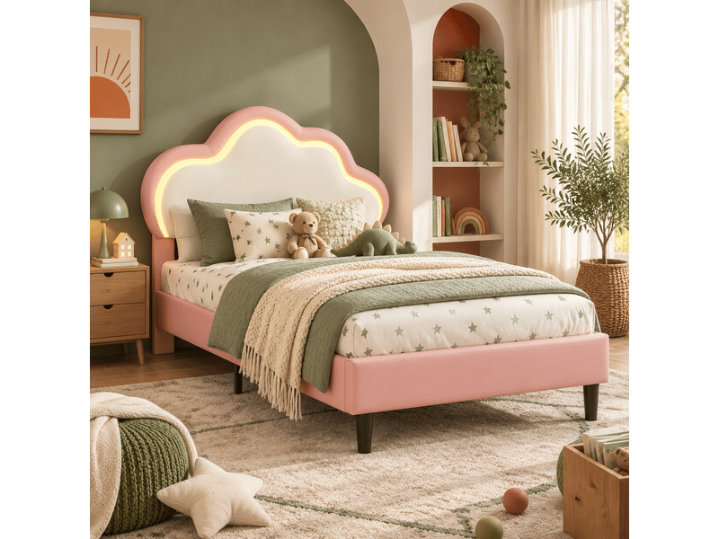  Lit enfant fille 90x200 avec led, lit princesse avec tête de lit en nuage, lits 1 personne pour fille adolescent, , pu, sans matelas, rose  - Conforama B