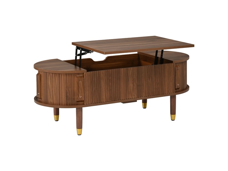  Table basse ovale à plateau relevable hydraulique avec 2 portes coulissantes et rangement en mdf, noyer, 110×48×57 cm  - Conforama E