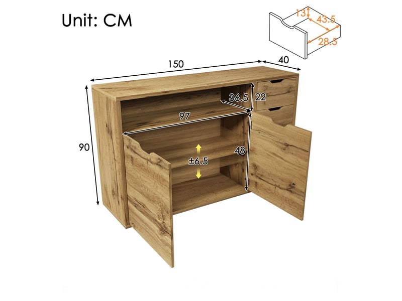  Commode à 4 tiroirs et 2 portes, 150 x 40 x 90 cm, niche ouverte et étagères réglables, effet chêne  - Conforama C