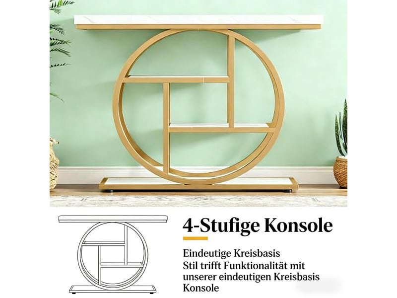 Table console, 105x30x80 cm, style industriel avec rangement, mdf, doré et blanc - Conforama E