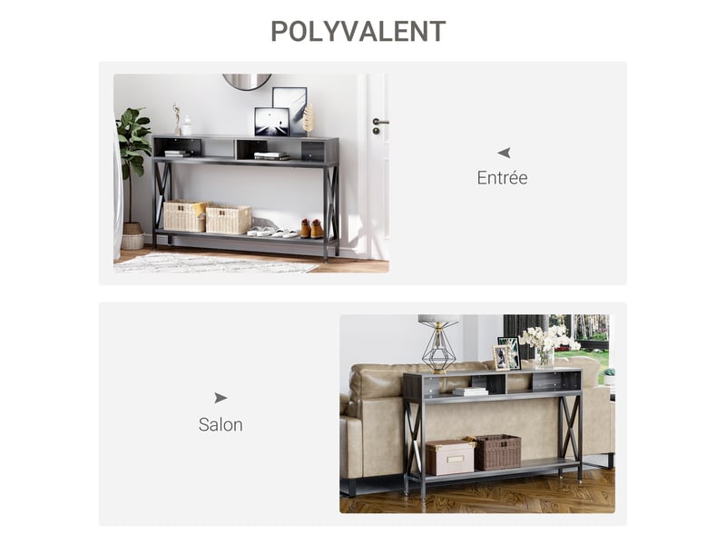  Table console table d'entrée industriel multi-rangements 120 x 23,5 x 75 cm gris bois  - Conforama R
