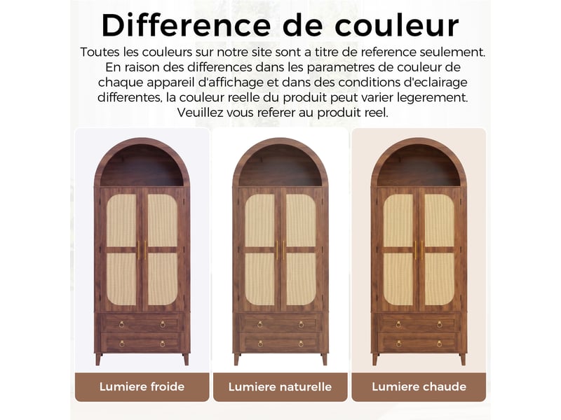  Buffet haut arqué noyer avec led intégrée, 2 portes décor rotin, 2 tiroirs, 76 x 40 x 179,5 cm  - Conforama W