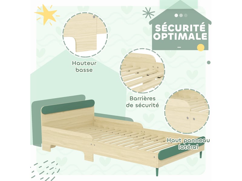  Lit pour enfant lit au sol enfant de 3 à 10 ans avec barrière de sécurité, vert, sommier à lattes inclus  - Conforama E