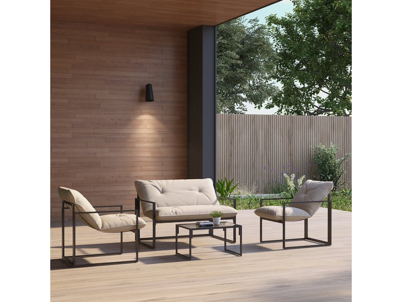  Salon de jardin 4 pcs 4 personnes avec canapé 2 pl., 2 fauteuils et 1 table basse gris  - Conforama C