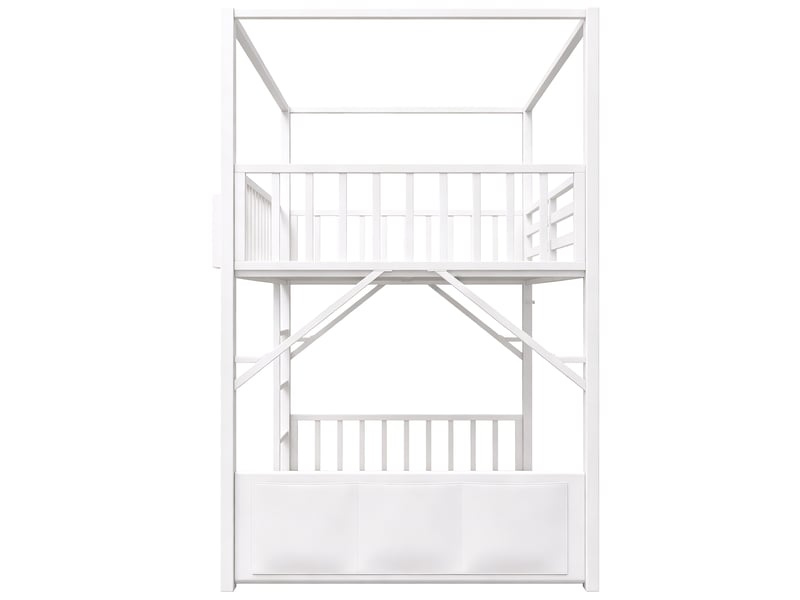  Lit superposé enfant 90 x 200 cm en métal, structure toit, rangement intégré, barrières de sécurité, blanc evarich - Conforama D