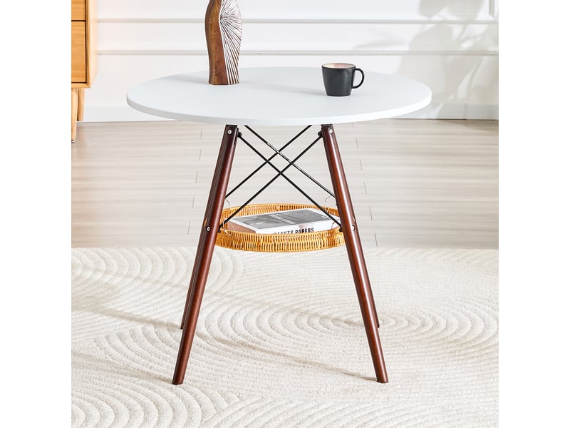  Table à manger ronde 2 à 4 places avec panier suspendu - lpospi - pieds en bois massif, mdf blanc noyer ø 80 cm  - Conforama C