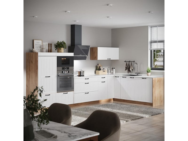  Vicco cuisine en angle, blanc campagnechêne de force doré, 347x60cm, pt chêne  - Conforama C