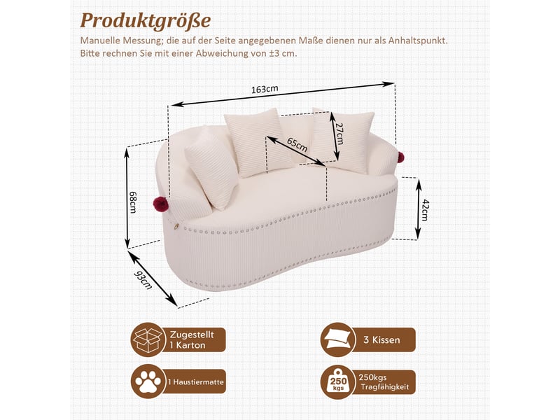 Canapé droit 2 places en cordonnet, design chapeau de clown, coussins et tapis pour animal inclus, ambiance chaleureuse et confortable - Conforama C