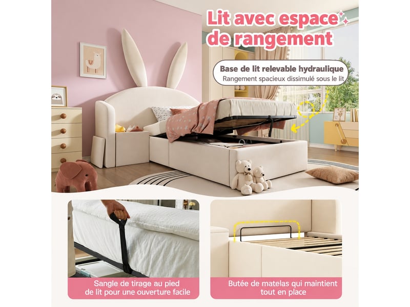  Lit coffre hydraulique 90 x 200 cm en velours beige avec sommier à lattes et chevet réversible  - Conforama W