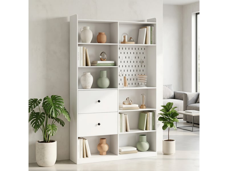  Bibliothèque 8 niches 2 tiroirs panneau perforé 120 x 30 x 200 cm blanc  - Conforama B