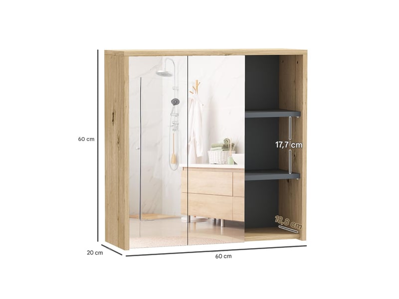  Armoire de toilette avec miroir et 3 étagères ouvertes en mdf bois naturel 60x20x60 cm  - Conforama C
