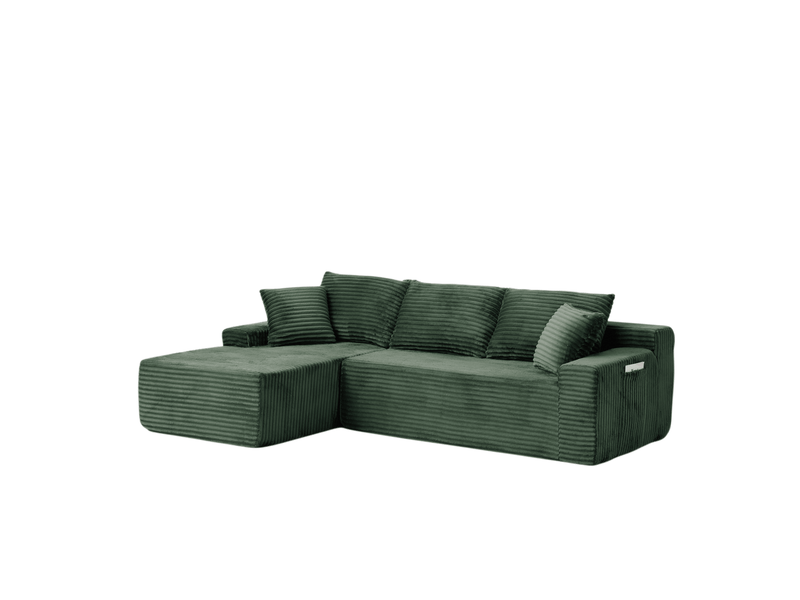  Canapé d'angle modulable gauche compressé 4 places, pour salon, élégant, pratique, en mousse et velours côtelé, vert  - Conforama A