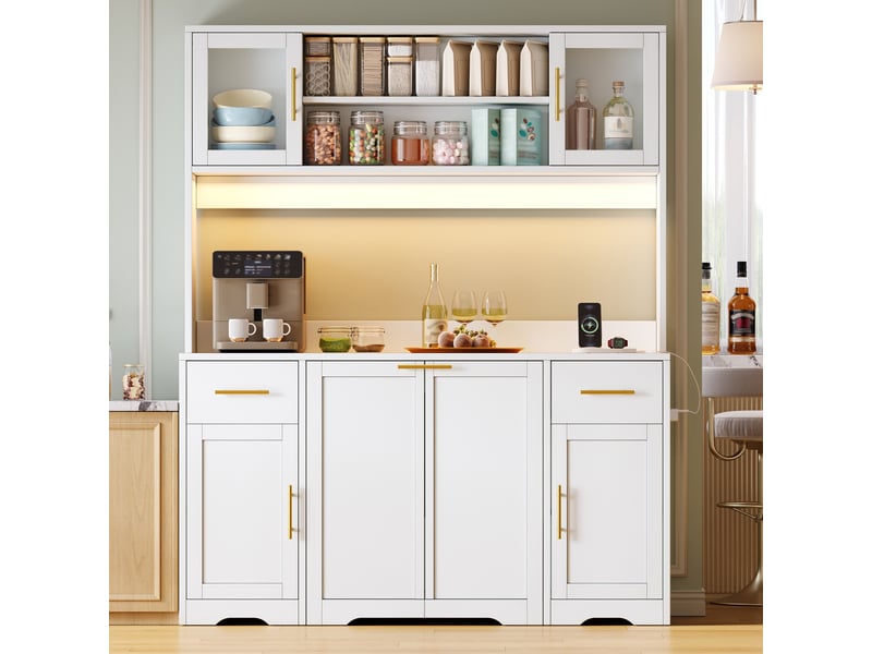  Armoire de cuisine haute 140x40x173 cm avec double poubelle coulissante, led rgb, 2 prises, 2 usb, 2 tiroirs, portes vitrées, mdf blanc  - Conforama B