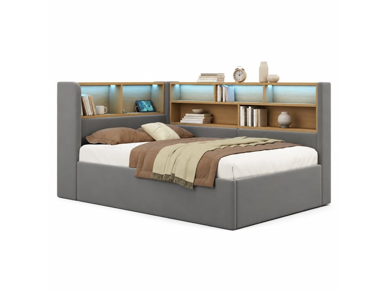  Lit banquette avec rangement hydraulique, éclairage intégré et ports de charge, revêtement en velours gris  - Conforama A