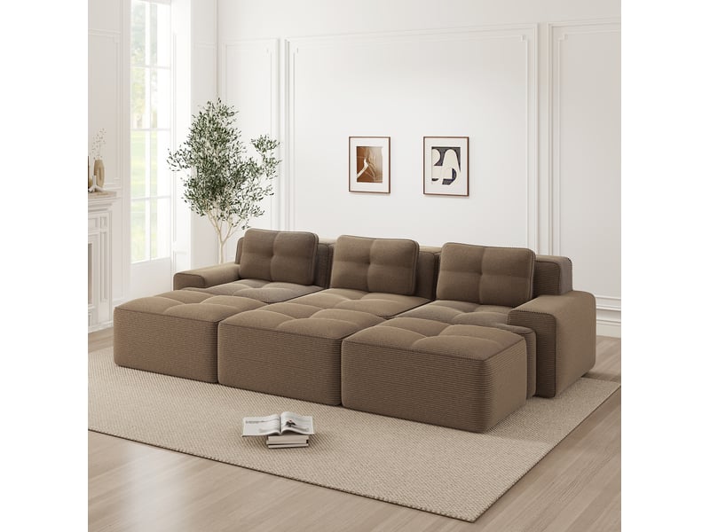 Canapé d'angle modulable 3 places avec fonction couchage et 3 poufs en velours côtelé marron, 293 × 177 × 69 cm - Conforama D
