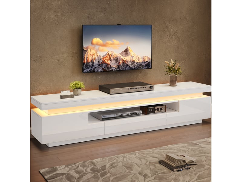  Meuble tv bas 175 x 38 x 45 cm avec led, 2 placards, 1 tiroir, blanc  - Conforama D