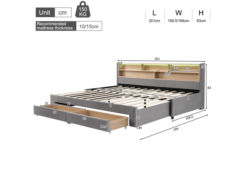  Lit double 180x200 cm avec tiroirs, ports usb et usb c, led en velours gris  - Conforama E