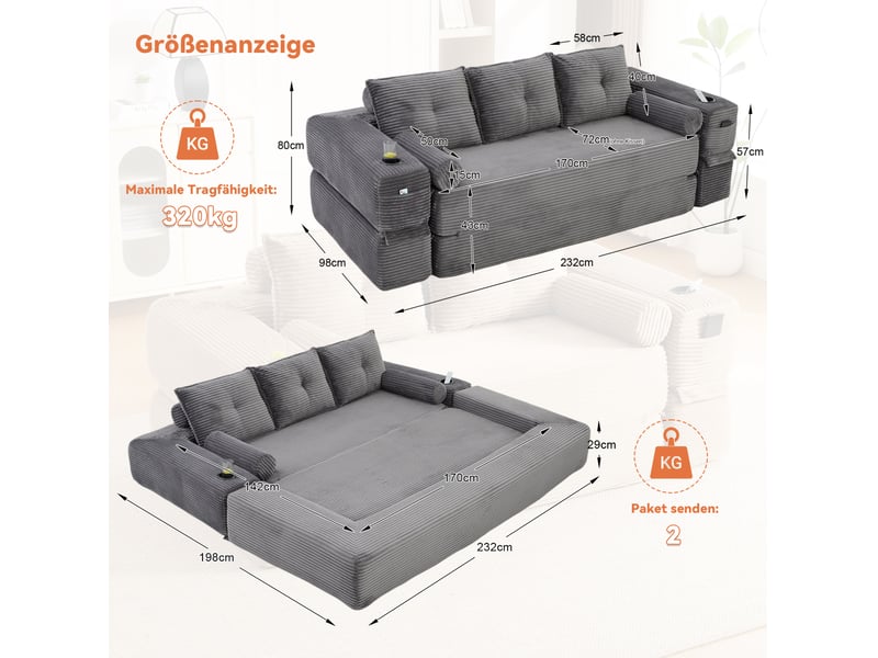  Canapé-lit convertible 3 places 232x98x80 cm avec 2 coussins décoratifs, poches et porte-gobelets, velours côtelé, gris  - Conforama C