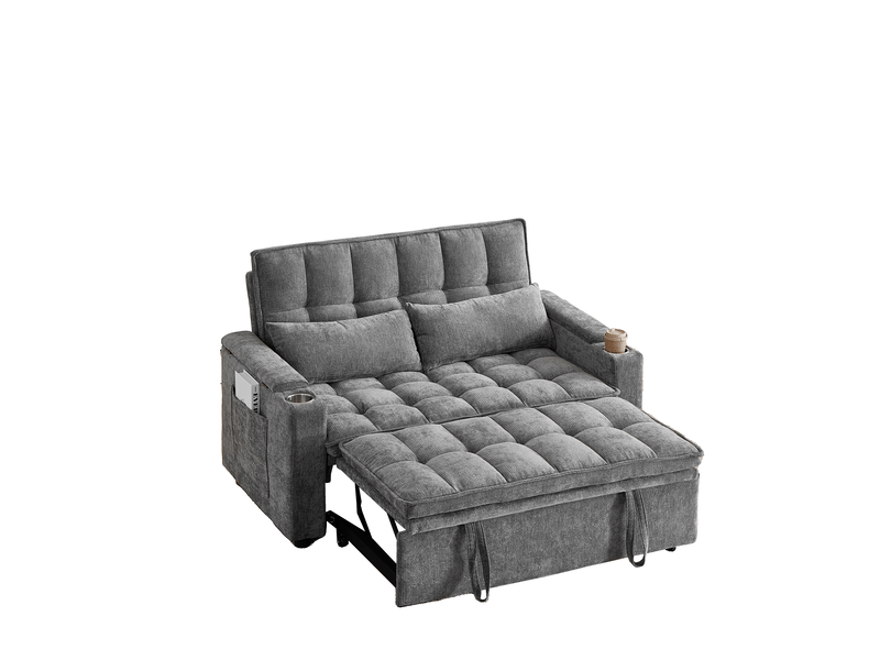 Anapé convertible 2 places 3 en 1 142x89x89 cm avec effet nuage, rangements accoudoirs, porte-gobelets, 2 coussins lombaires, chenille gris - Conforama A