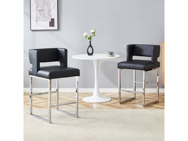  Lot de 2 tabourets de bar 49.5x41.4x91.4cm – design carré moderne et confortable avec sièges en cuir - pieds en métal argenté - noir  - Conforama E