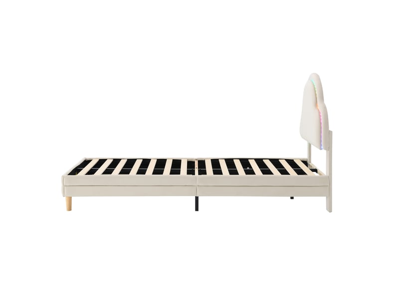  Lit enfant rembourré en velours beige 90x200 cm, tête de lit nuage avec led multicolore  - Conforama D