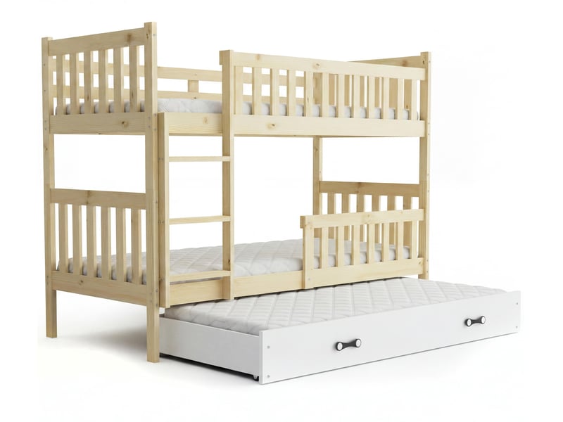  Lit superposé 3 places quba 90x200 cm + lit tiroir 80x190 cm interbeds - bois massif de pin - pin naturel blanc  - Conforama A