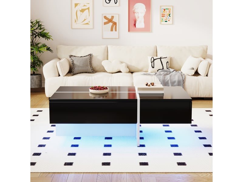  Table basse 100x50x34,5 cm avec led par application, 3 tiroirs à ouverture par pression, panneaux de particules, noir et blanc ABC - Conforama D