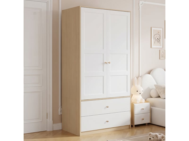  Armoire de chambre - armoire à deux portes avec deux tiroirs et une penderie, meuble de chambre, 100 x 48 x 180 cm, naturel + blanc  - Conforama A