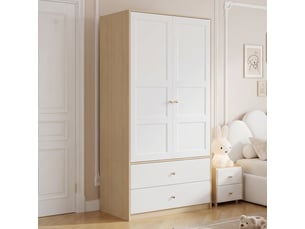 Armoire de chambre - armoire à deux portes avec deux tiroirs et une penderie, meuble de chambre, 100 x 48 x 180 cm, naturel + blanc