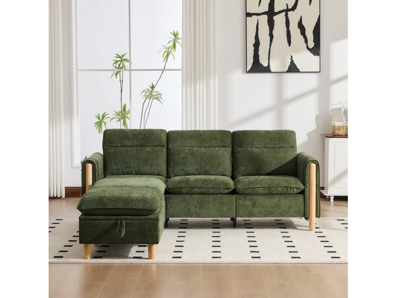 Canapé d'angle fixe 3 places en tissu vert avec méridienne réversible et rangement, idéal pour petits espaces - Conforama E