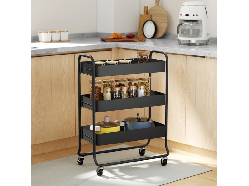  Desserte de cuisine 64,5 x 34 x 87 cm en métal noir, 3 paniers de rangement et 4 roulettes avec freins  - Conforama B