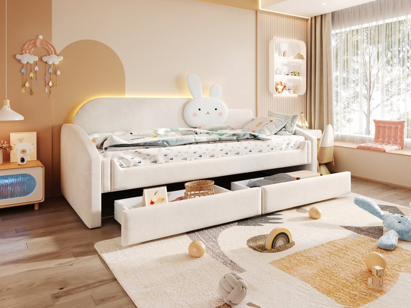  Lit banquette enfant 90 × 200 cm, 2 tiroirs, coussin lapin, côtés rembourrés, led, sommier à lattes, velours beige  - Conforama B